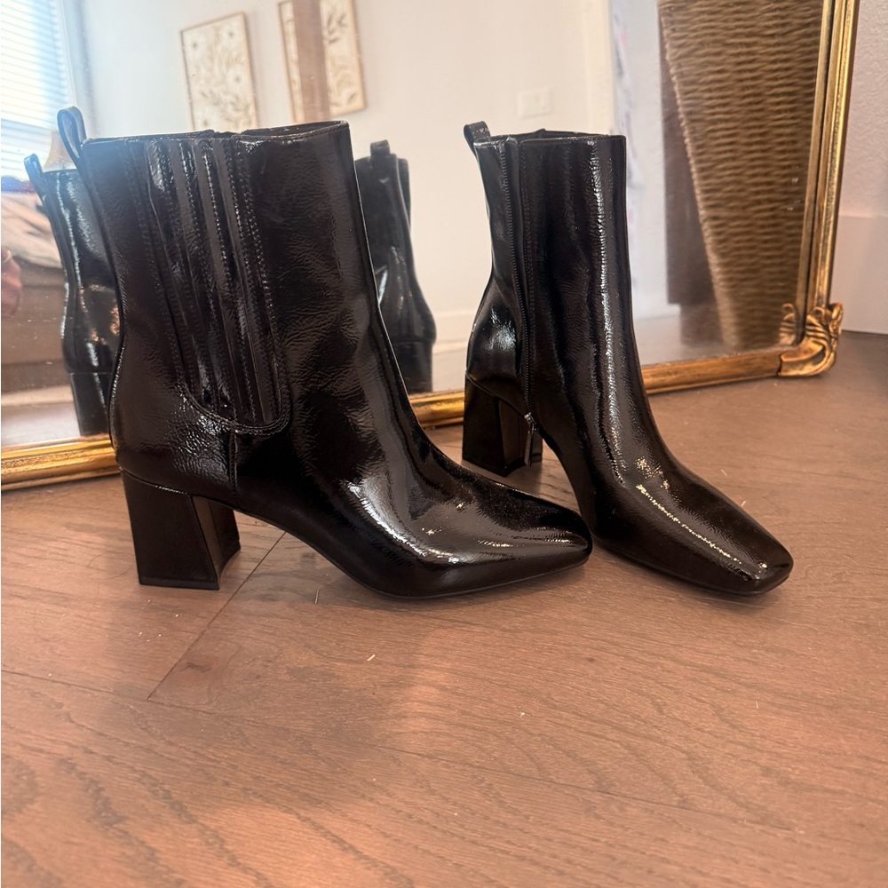 Anne Klein Black Patent Block Heel Ankle Boots